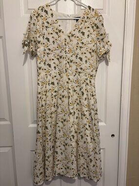 R&K White Floral V-Neck Midi Dress with Yellow and Green Print